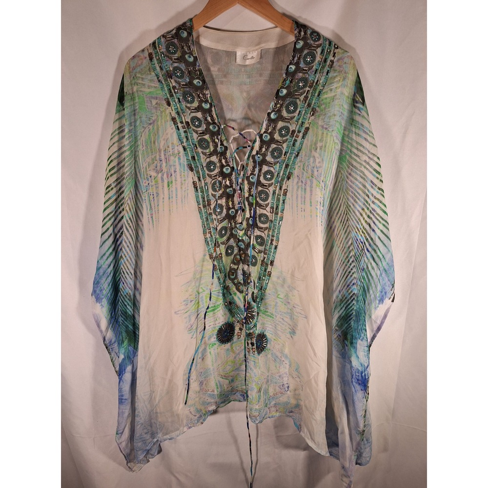 Camilla Silk Embellished Kaftan Top Blue Green Tropical Lace Up Tassel One Size